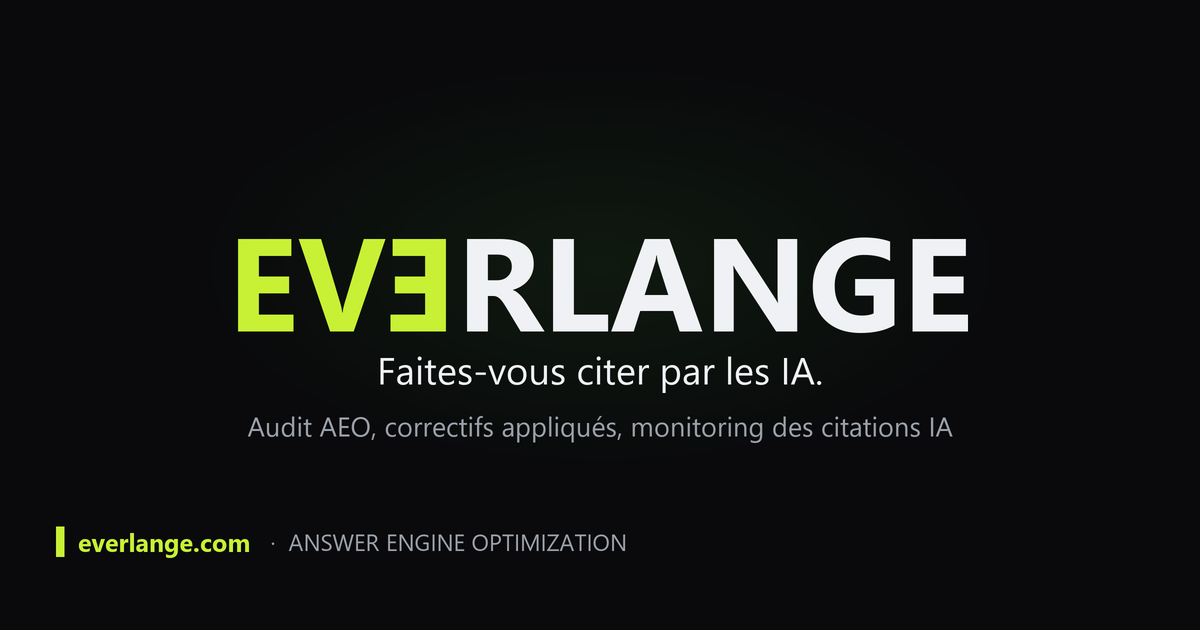 Capture du tableau de bord Everlange — score audit 67 critères avec breakdown par catégorie structured_data content entity trust freshness citation_ia, recommandations priorisées par impact